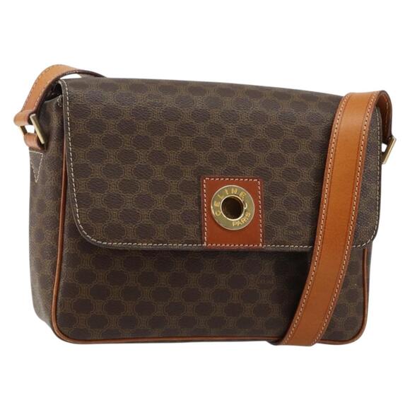 CELINE Macadam Canvas Shoulder Bag Pvc Leather Brown Gold - Picture 1 of 12